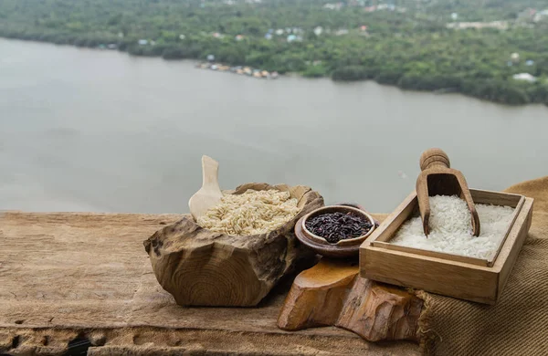 Vários Tipos Arroz Arroz Integral Arroz Jasmim Riceberry Velha Mesa — Fotografia de Stock