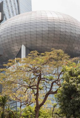 Bangkok, Tayland - 18 Aralık 2022: Güneşli bir günde modern yüksek binaların cam ve beton tasarımının arka planına karşı yeşil ağaç yaprakları. Binanın önündeki manzara tasarımının güzelliği, Bangkok şehrinin mimarisi.. 