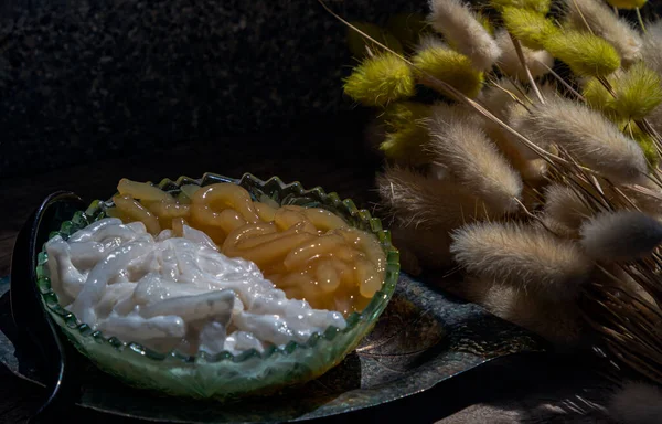 Kanom Pla Krim Khai Tao Zoete Rijstnoedels Met Kokosroom Glazen — Stockfoto