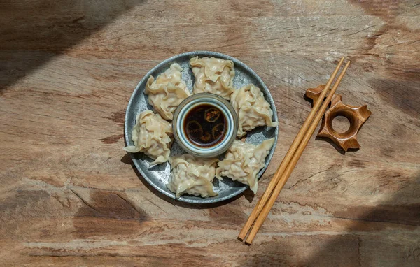 Delicious Shrimp Dumplings Served Soy Sauce Wooden Chopsticks Steamed Wonton — стоковое фото