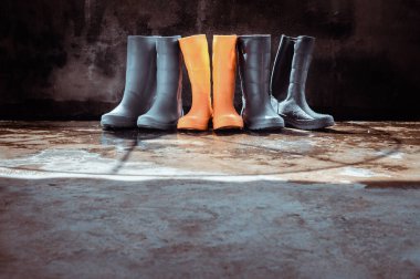 Islak zeminde üç çift renkli yağmur botu ve eski çıplak beton arka plan. Metin için boşluk, Seçici odak.