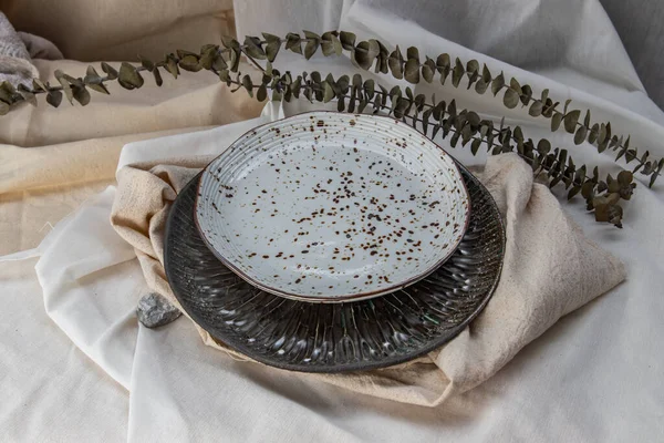 Set Van Keramische Platen Met Gedroogde Bloemen Calico Keramisch Servies — Stockfoto