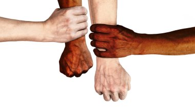 Farklı milletlerden ve ten renginden insanların elleri birbirlerinin bileklerini tutuyor. Hoşgörü, sevgi ve ırkçılığa karşı mücadele kavramı. İzole edilmiş beyaz arka plan. BLM