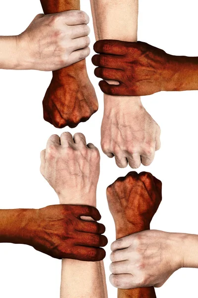 Hands People Different Nationalities Skin Colors Hold Each Other Wrists — Fotografia de Stock