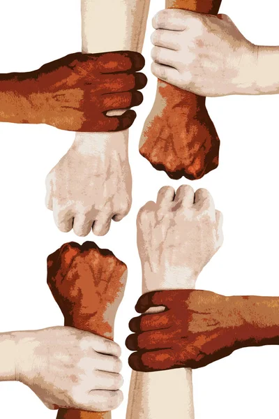 Hands People Different Nationalities Skin Colors Hold Each Other Wrists — Foto de Stock