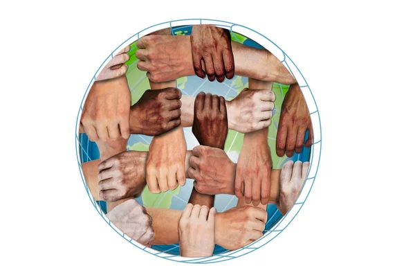 Hands People Different Nationalities Skin Colors Hold Each Other Wrists — Stockfoto