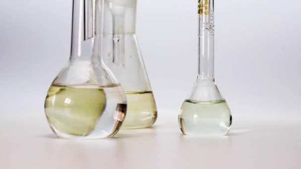 Laboratory Flasks Liquid Close White Background Medical Laboratory Researches Analyses — Stock Video