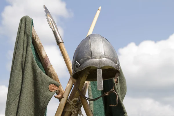 Viking helmet with spears and tunic — Stock Photo, Image