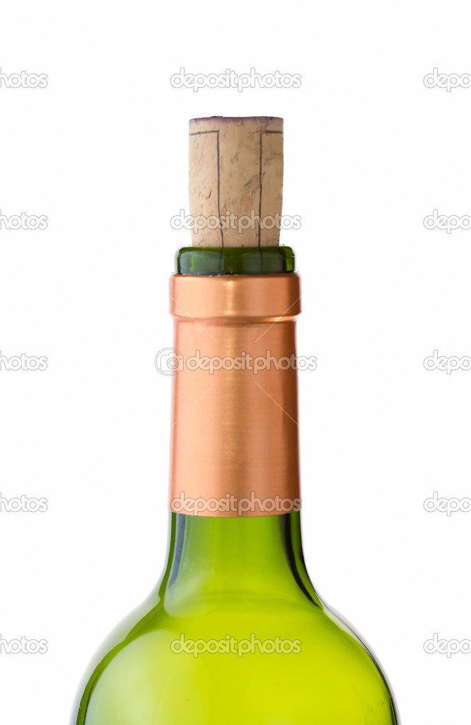 Green wine bottle with cork on white