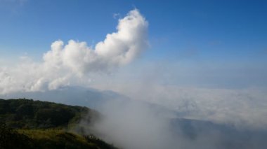 4 bin. Mavi gökyüzü olan sisli dağların ve maceraperest tırmanışçıların bulunduğu beyaz bulutların hava manzarası hızlanıyor. Doğa ve macera seyahati vahşi konseptte
