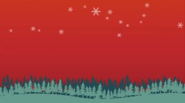 4 bin. Noel Baba, kızak ve Noel geyiklerinin kırmızı arka planda Noel karşılama sezonu karikatürü ve mutlu noeller mesajı ile çam, kar tanesi düşüşü ile kusursuz bir döngü. 