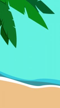 Dikey video 4K çözünürlüğü. Hindistan cevizi palmiye yapraklarının animasyon grafiği. Mobil reklamlar aracılığıyla yaz arkaplanı için fotokopi alanı olan kumlu deniz plajı ile sallanıyor.