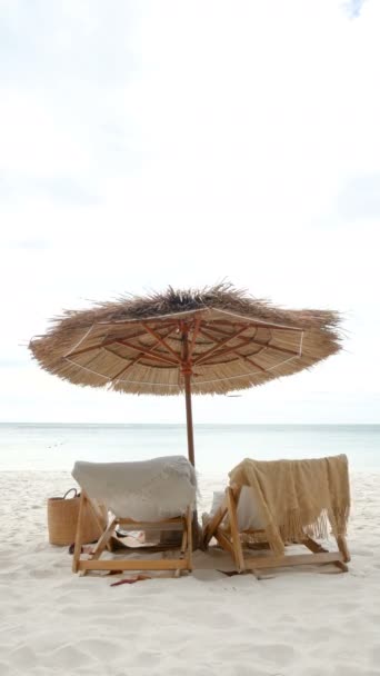 Vertical Beautiful Tranquil White Sand Beach Two Beach Chair Thatched — Vídeo de Stock