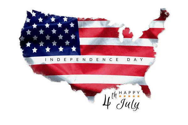 7月4日美国独立日快乐贺卡美国国旗在美国的背景地图上被白色隔开 — 图库照片