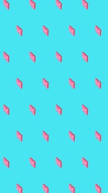 Pembe zarf postasının dikey 4K modeli mavi ekran arkaplanında, pürüzsüz duvar kâğıdı 2B dinamik animasyon grafiği için döndür