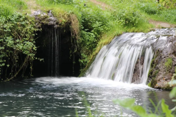 Uma Pequena Cachoeira Floresta Verduras Suculentas Brilhantes Salpicos Água Lugar — Fotografia de Stock