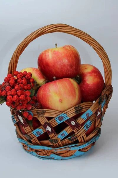 Juicy Red Apples Basket Fruits Berries Mountain Ash Isolated White — Stock Photo, Image