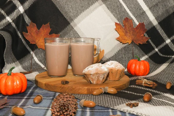 Ciepłe Pyszne Kakao Piankami Babeczkami Posypką Cukru Jesienny Napój Wśród — Zdjęcie stockowe