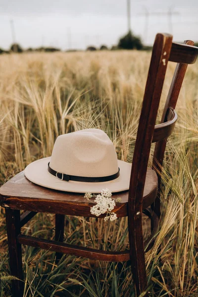 felt beige hat on a vintage chair in a field. High quality photo