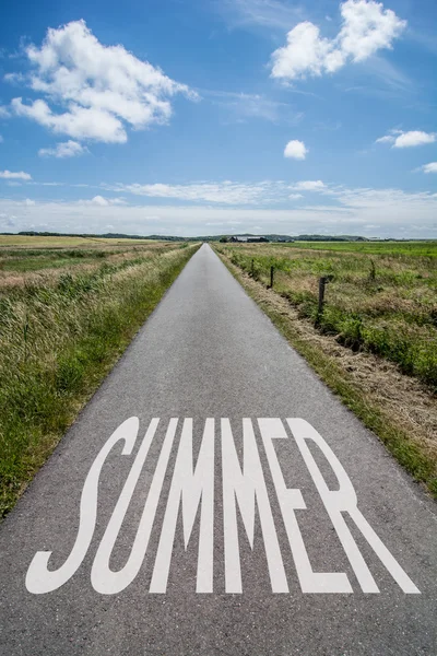 Cloudscape above country road with text summer — Stock Photo, Image