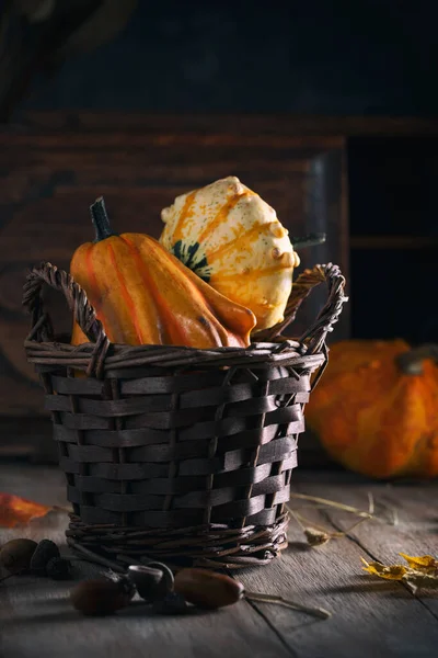 Small Pumpkins Wicker Basket Wooden Table — Stock Photo, Image