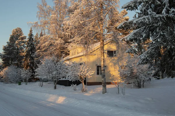 Sverige Vinter Snöig Gata Med Gult Trä Hus Omgivet Snöiga — Stockfoto