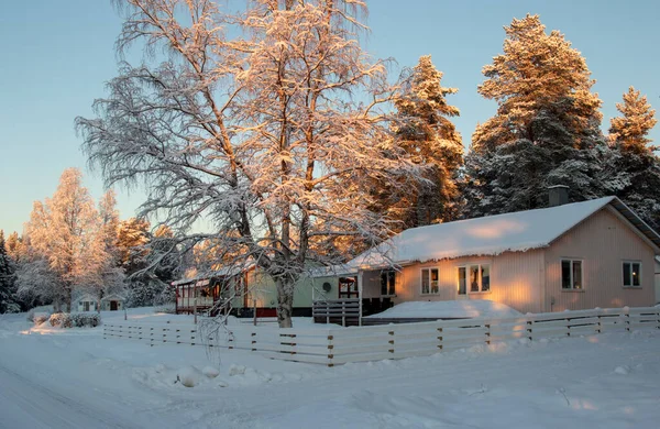 Village Street Och Hus Vinter Solig Dag — Stockfoto