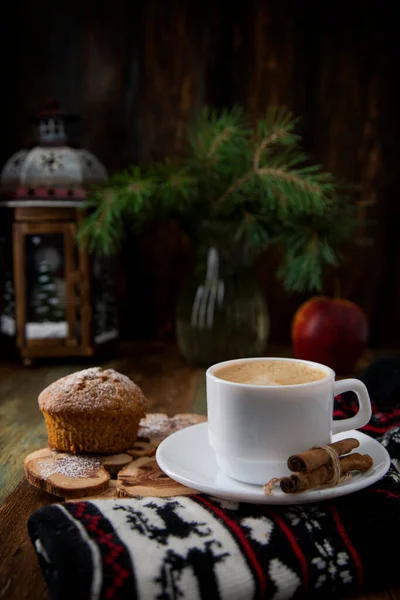 White Cup Coffee Cinnamon Tubes New Year Dark Background — Stock Photo, Image