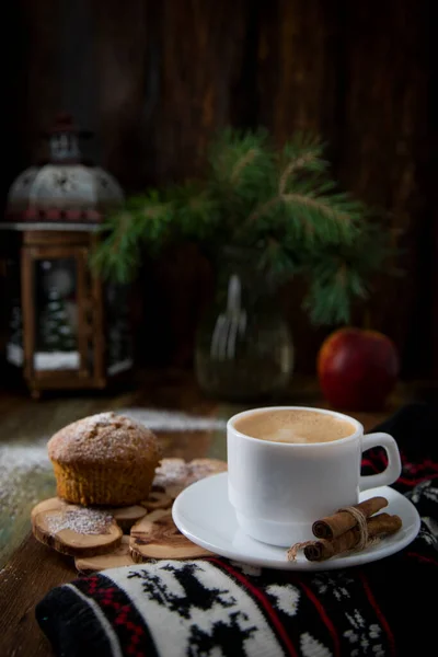 Cup Coffee Cinnamon Homemade Cupcake New Year Entourage — Stok fotoğraf