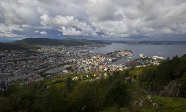 Norveç. Bergen. Şehrin ve körfezin manzarası tepenin üstündeki gözlem güvertesinden.