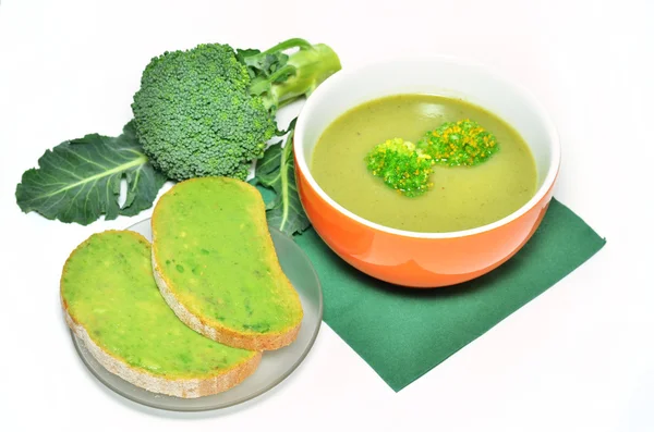 Cream spinach soup with broccoli and avocado sandwich — Stock Image Cream spinach soup with broccoli and avocado sandwich Stock Picture
