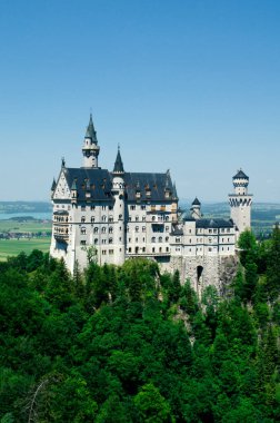 Fussen, Almanya - 29 Haziran 2019: Neuschwanstein Kalesi Bavyera Alplerinde sislerle kaplandı.