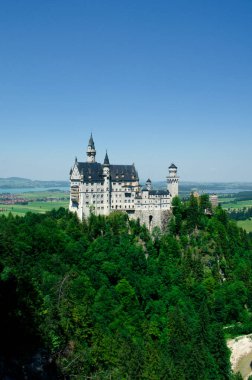 Fussen, Almanya - 29 Haziran 2019: Neuschwanstein Kalesi Bavyera Alplerinde sislerle kaplandı.