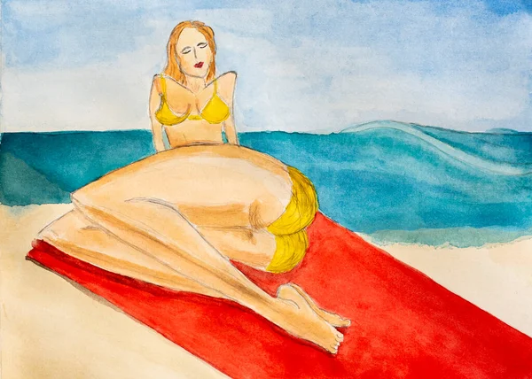 Mulher de biquíni relaxar na praia. Conceito de férias. Watercolor pintado à mão ilustração. — Fotografia de Stock