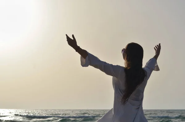 Happy Young Woman Enjoying Freedom Open Hands Sea Side — Photo