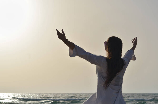 Happy Young Woman Enjoying Freedom Open Hands Sea Side Stock Image