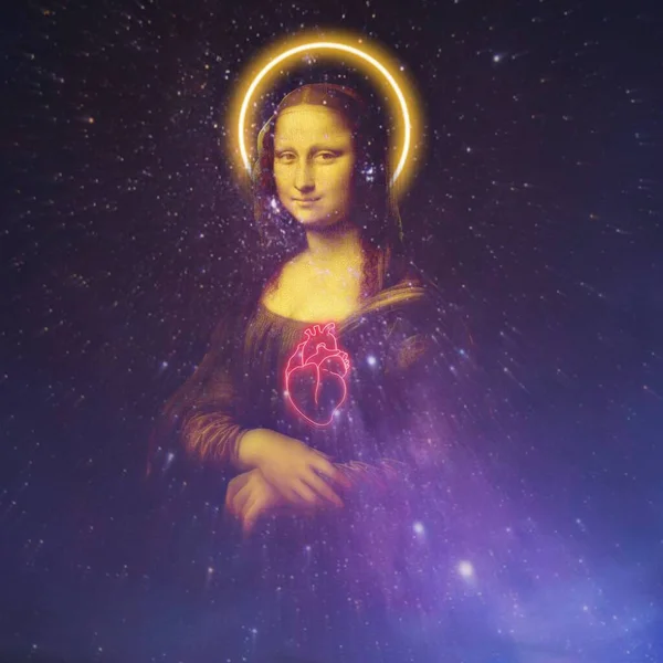 Contemporary art collage of Mona Lisa del Giocondo by Leonardo da Vinci with nimbus. Original from Wikimedia Commons CC0