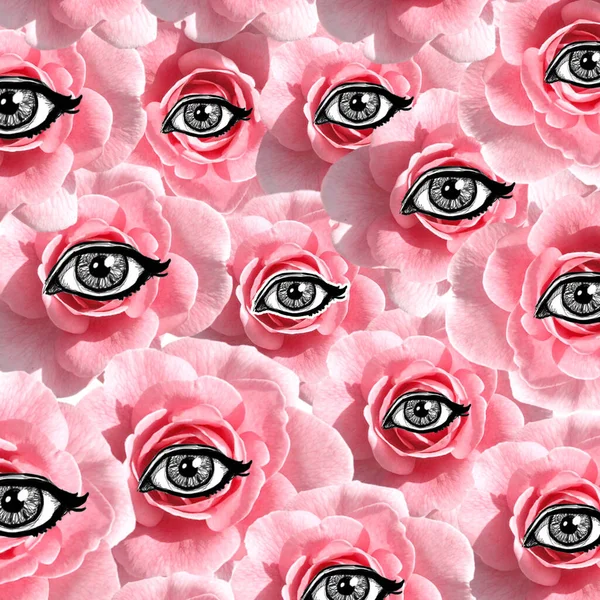 Collage Art Contemporain Fleurs Surréalistes Oeil Roses Printemps Femme Concept — Photo