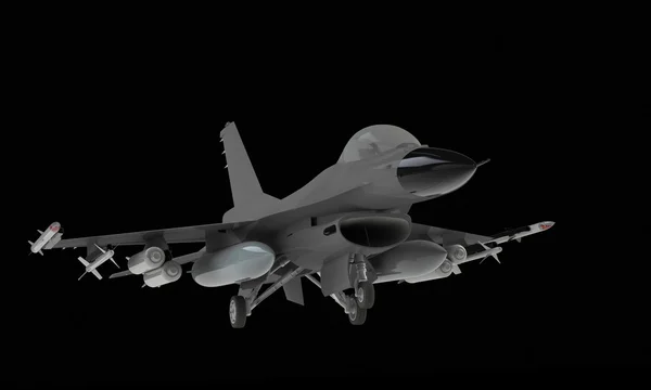 En modell av en f16 fighter jet lyfter landning isolerade på svart — Stockfoto