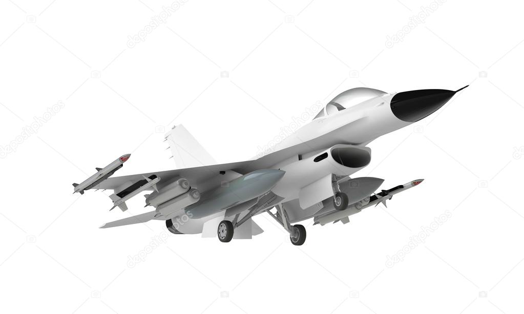 A model of an f16  Fighter jet taking off landing isolated on white