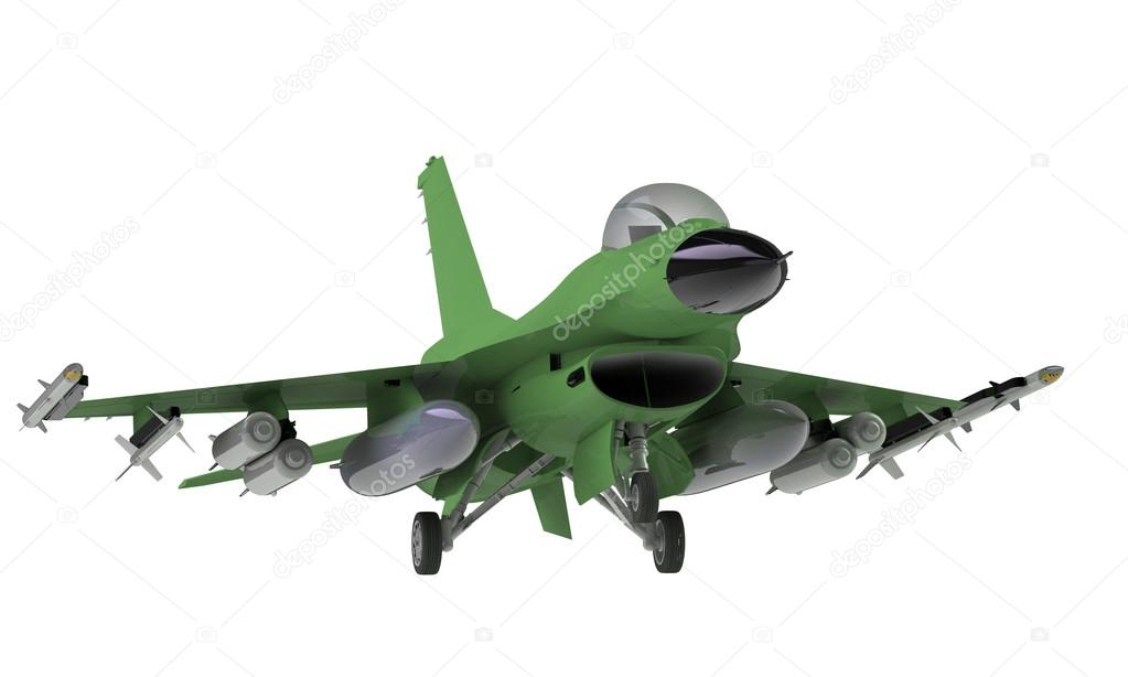 A model of an f16  Fighter jet taking off landing isolated on white