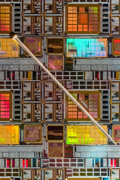 Silicium wafer met afgedrukte elektronische circuit in vergelijking met een niddle — Stockfoto