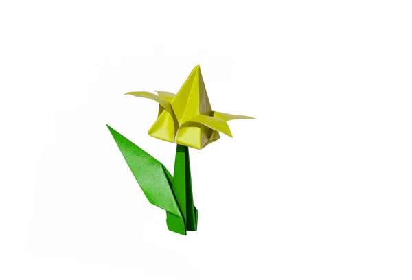 Origami keltainen kukka, tulppaani, eristetty valkoinen — kuvapankkivalokuva
