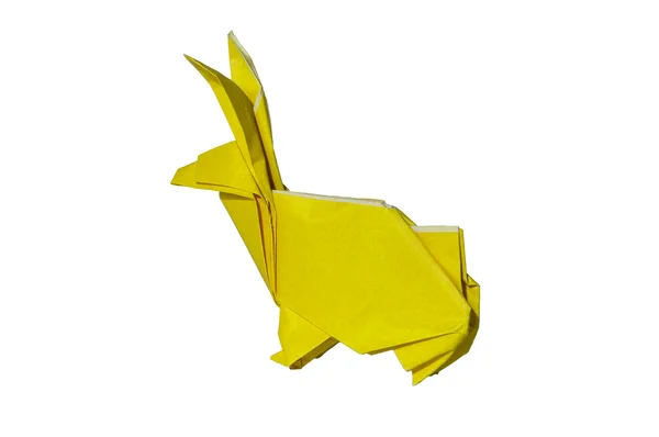 白で隔離されるイエロー折り紙ウサギ — ストック写真