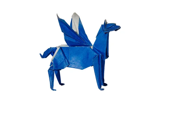 Cavalo azul Origami Pegasus isolado sobre branco — Fotografia de Stock