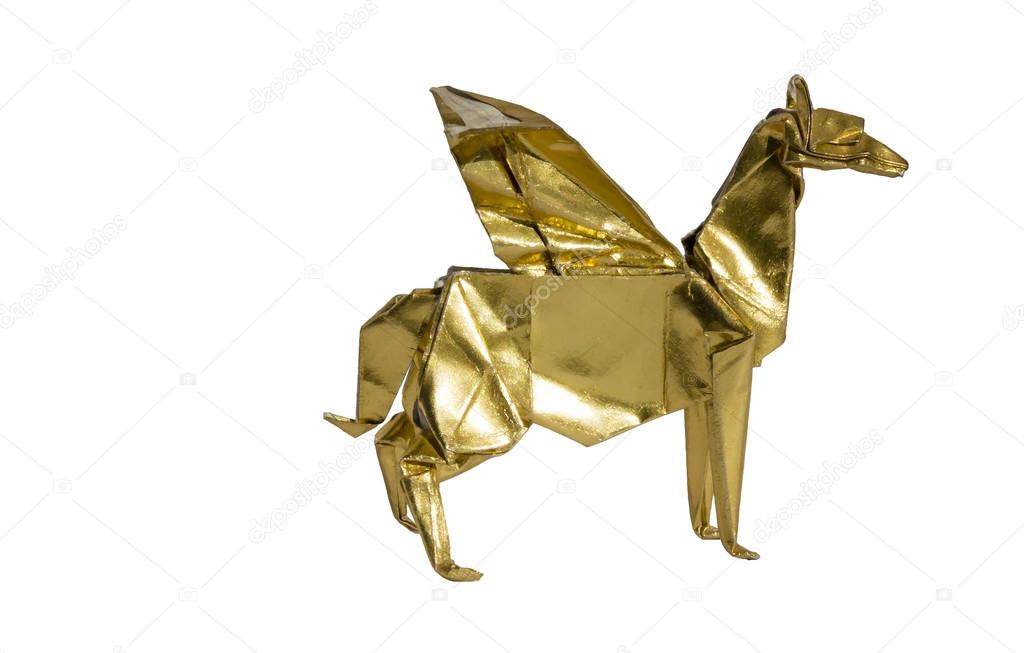 Gold Origami Pegasus Horse Isolated On White Stock Photo