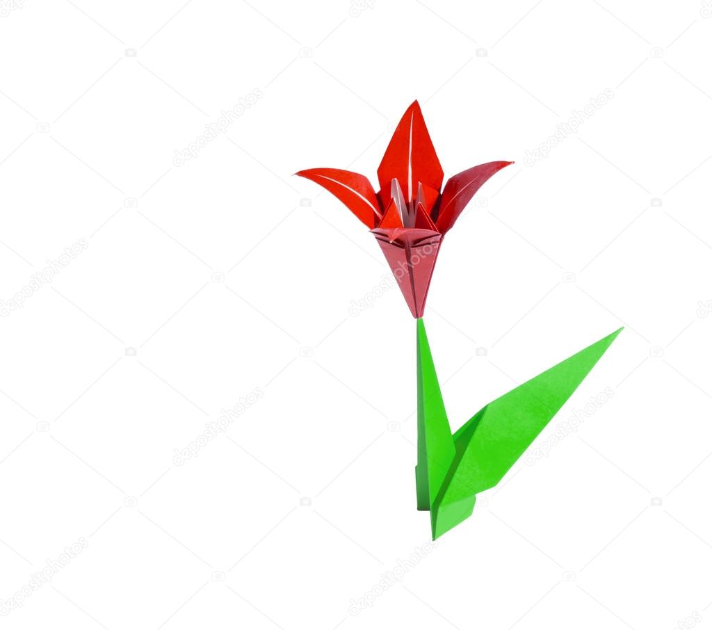 Rote Origami Blume Lilie Isoliert Auf Weiss Stockfoto