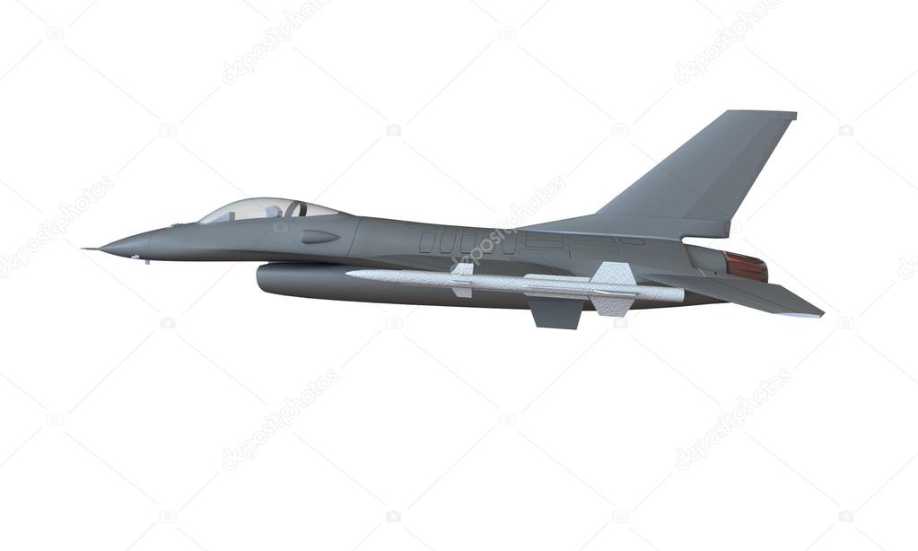 A model of an f16  Fighter jet taking off landing isolated on white