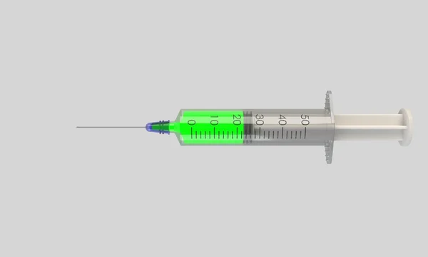 白で隔離される液体と注射器 — ストック写真