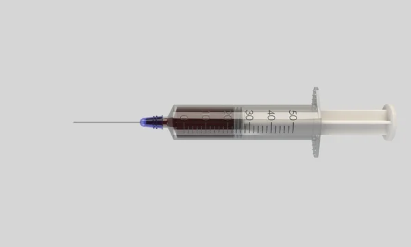 白で隔離される液体と注射器 — ストック写真